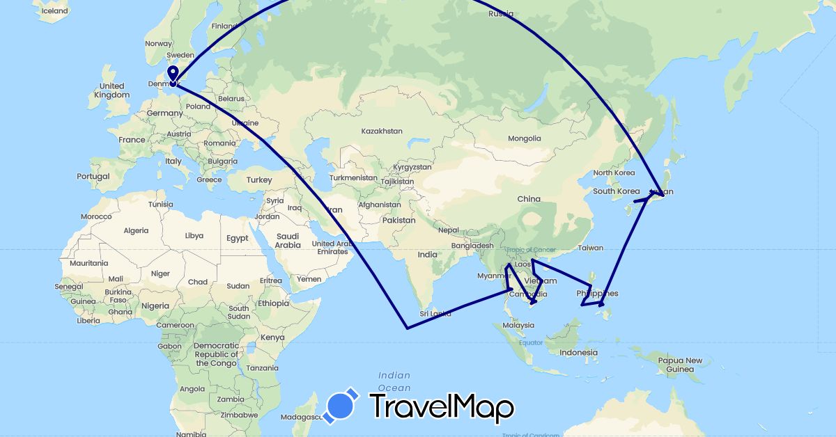 TravelMap itinerary: driving in Denmark, Japan, Cambodia, Maldives, Philippines, Thailand, Vietnam (Asia, Europe)